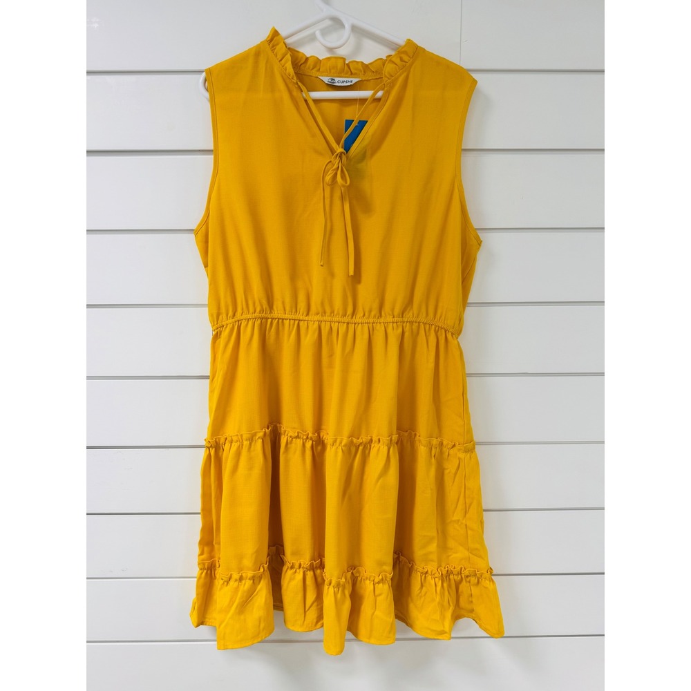 Cupshe Mustard Yellow Tiered Ruffle Sleeveless Mini Dress Boho Tie Neck NEW